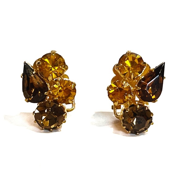 Vintage Gold Brown Tone Rhinestone Clip On Earrings Sparkly Classy Fancy Pretty - Picture 10 of 10